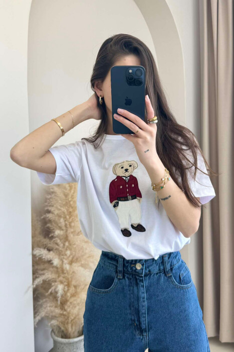 BEAR IMAGE SIMPLE COTTON WOMEN T-SHIRT IN WHITE COLOR - 3