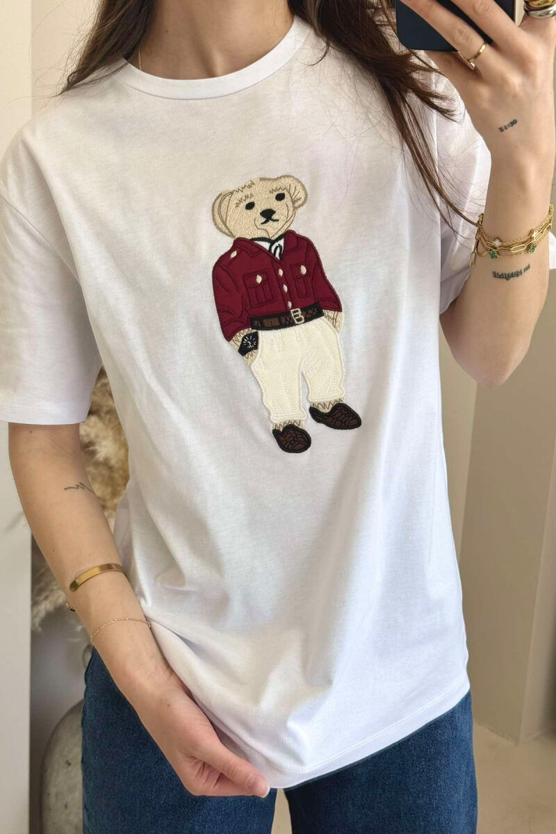 BEAR IMAGE SIMPLE COTTON WOMEN T-SHIRT IN WHITE COLOR - 4