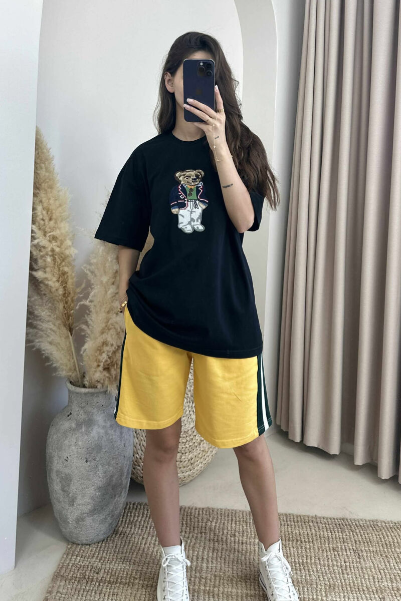 BEAR IMAGE T-SHIRT+SHORTS WOMEN SET BLACK-YELLOW/ZEVE - 1