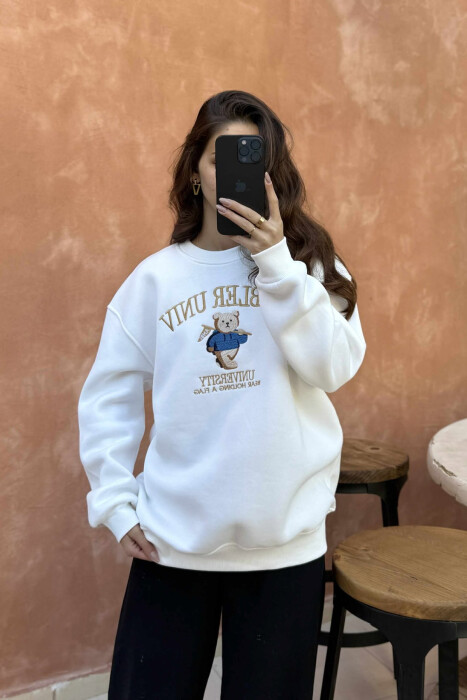 BEAR IMAGE WRITTINGS WOMEN SWEATSHIRT WHITE-E BARDHE - 3