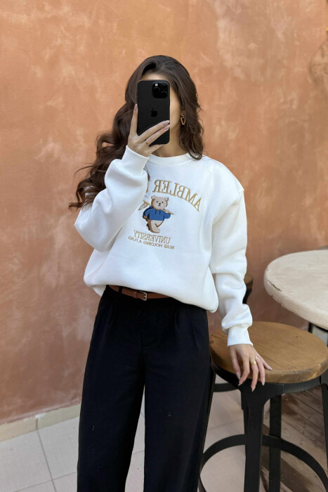 BEAR IMAGE WRITTINGS WOMEN SWEATSHIRT WHITE-E BARDHE - 5