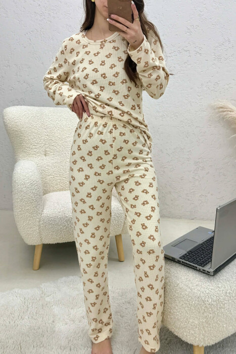 BEAR IMAGES DESIGN SWEATSHIRT+TROUSERS WOMEN PYJAMAS CREAM/KREM - KLAUDIO FASHION