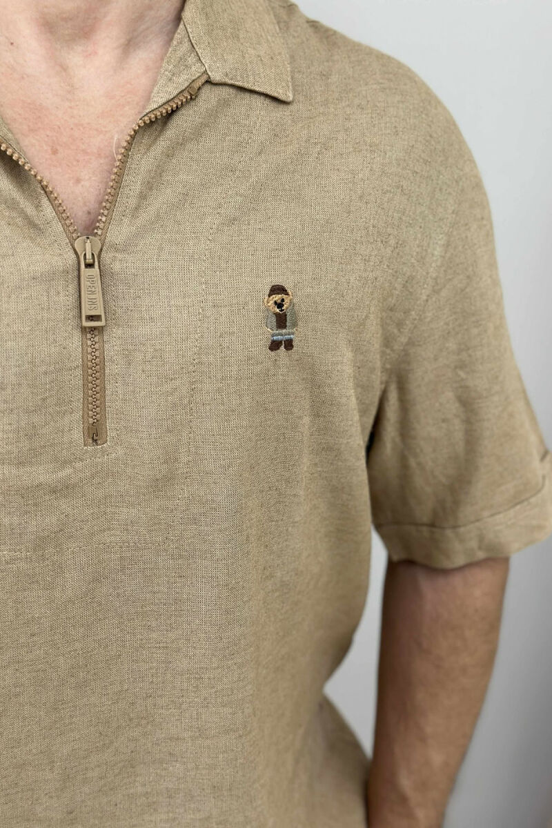 BEAR LOGO POLO NECK ZIPPERED MEN T-SHIRT BEIGE/BEZHE - 3