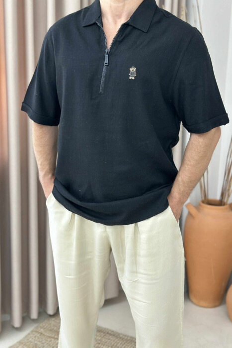 BEAR LOGO POLO NECK ZIPPERED MEN T-SHIRT BLACK/ E ZEZE - 2