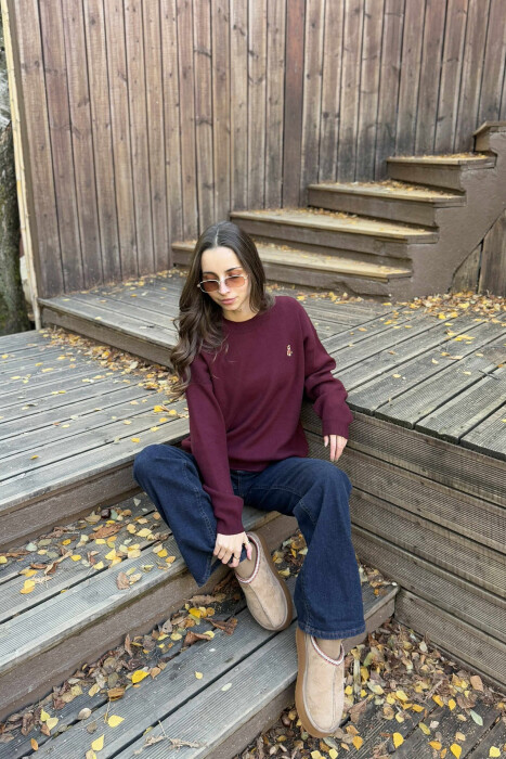 BEAR LOGO ONE COLOR WOMEN SWEATER BURGUNDY/VISHNJE - 3