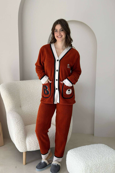 BEAR POCKET BUTTONS WOMAN PYJAMAS IN BRICK COLOR - 1