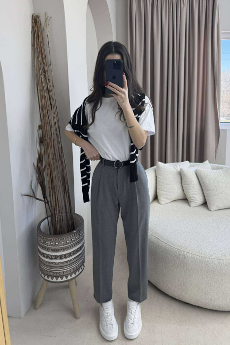 BELT COTTON WOMAN TROUSERS DARK GREY/GEE 