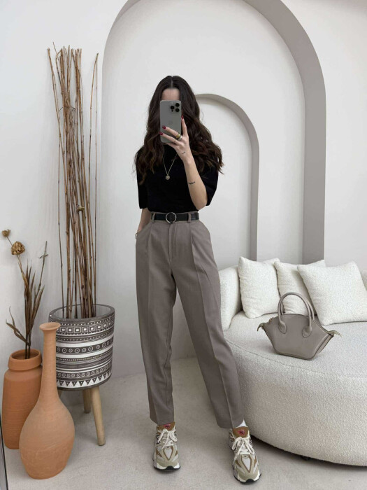 BELT COTTON WOMAN TROUSERS LIGHT BROWN/KAZB 