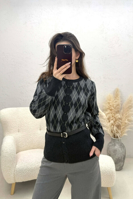 BELT DETAIL BUTTONED WOMEN CARDIGAN DARK GREY/GEE - 1