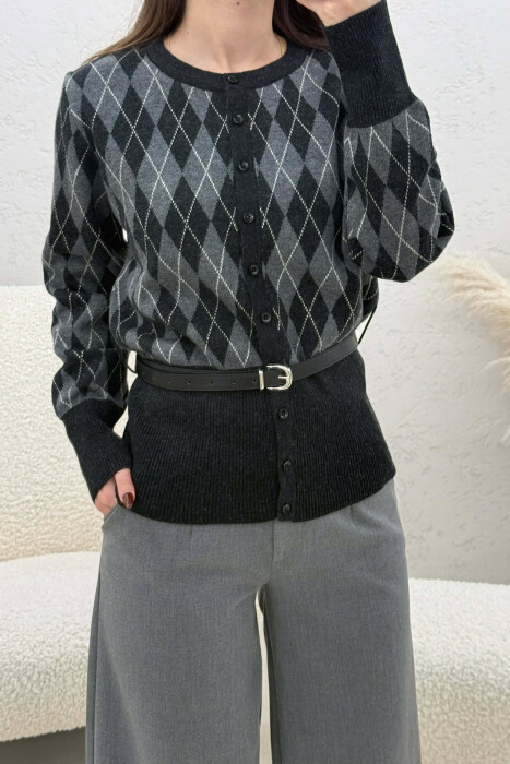 BELT DETAIL BUTTONED WOMEN CARDIGAN DARK GREY/GEE - 2