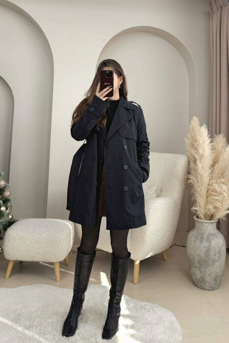 BELT DETAIL BUTTONED WOMEN JACKET BLACK/ E ZEZE - KLAUDIO FASHION