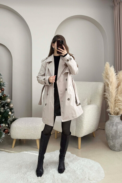 BELT DETAIL BUTTONED WOMEN JACKET LIGHT GREY/GZ - KLAUDIO FASHION