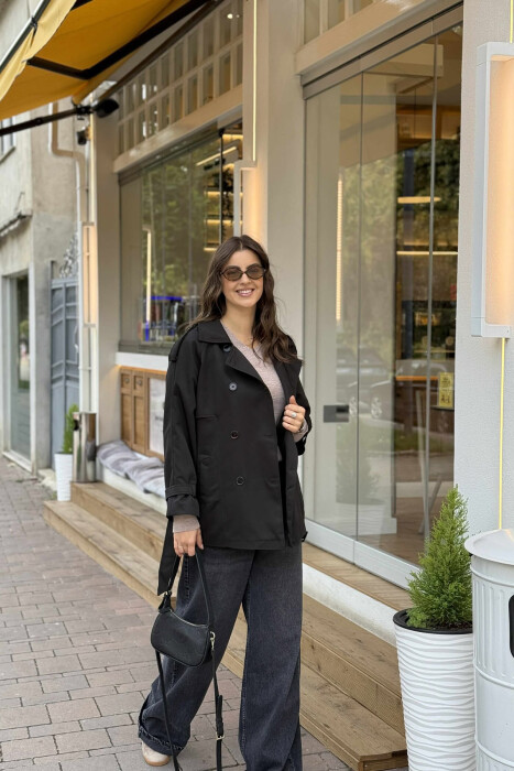 BELT DETAIL BUTTONS ONE COLOR WOMEN JACKET BLACK/ E ZEZE - KLAUDIO FASHION