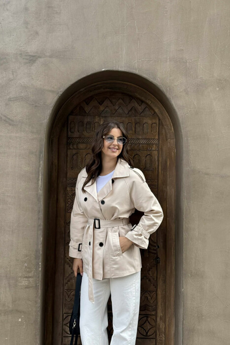 BELT DETAIL BUTTONS ONE COLOR WOMEN JACKET CREAM/KREM - 2