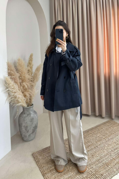 BELT DETAIL BUTTONS ONE COLOR WOMEN JACKET DARK BLUE/BEE - 1
