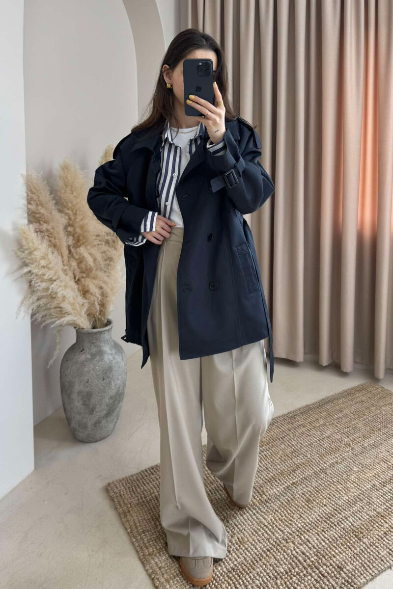 BELT DETAIL BUTTONS ONE COLOR WOMEN JACKET DARK BLUE/BEE - 2