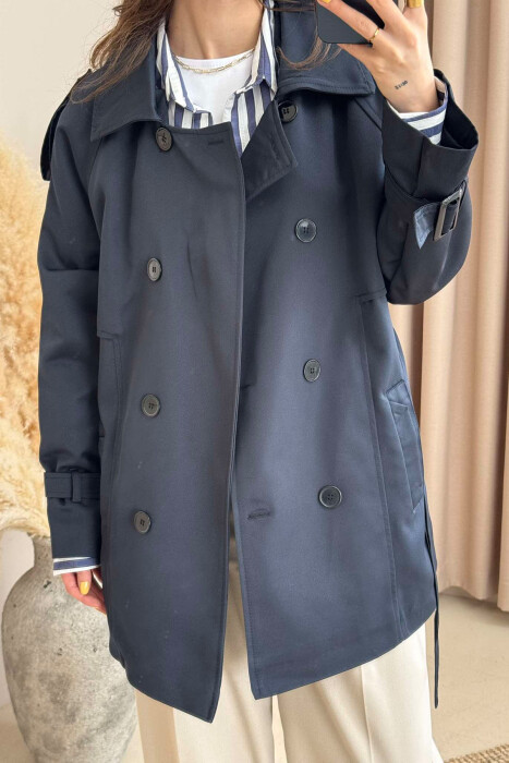 BELT DETAIL BUTTONS ONE COLOR WOMEN JACKET DARK BLUE/BEE - 3