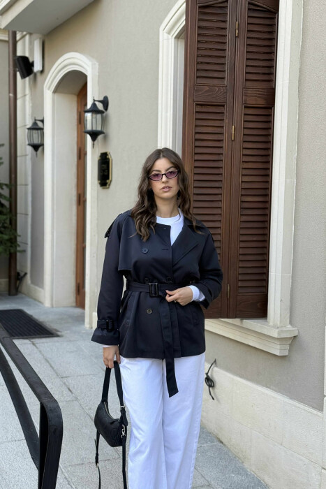 BELT DETAIL BUTTONS ONE COLOR WOMEN JACKET DARK BLUE/BEE - 2