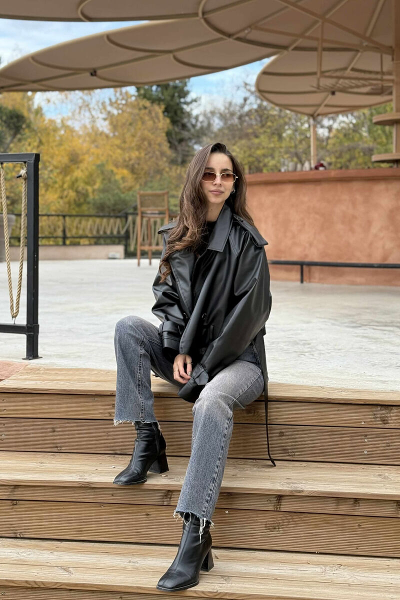 BELT DETAIL CROPPED LEATHER WOMEN JACKET BLACK/ E ZEZE - 1