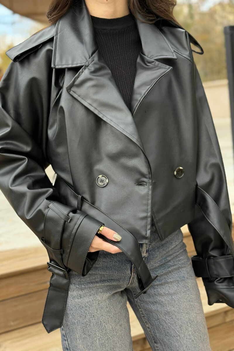 BELT DETAIL CROPPED LEATHER WOMEN JACKET BLACK/ E ZEZE - 2