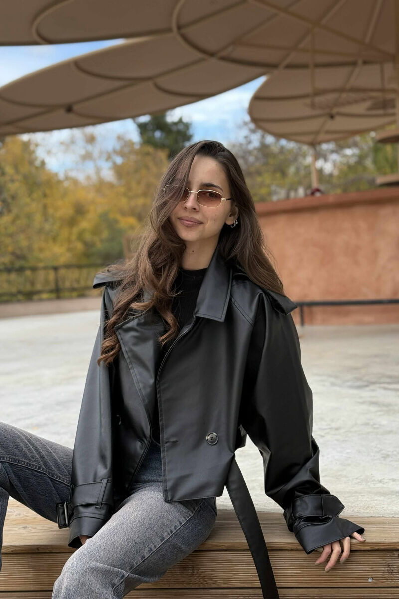 BELT DETAIL CROPPED LEATHER WOMEN JACKET BLACK/ E ZEZE - 3