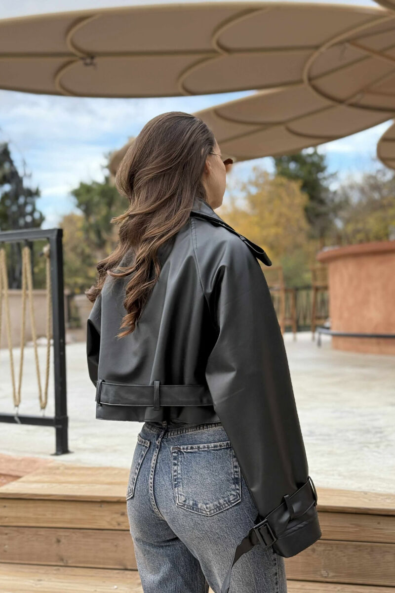 BELT DETAIL CROPPED LEATHER WOMEN JACKET BLACK/ E ZEZE - 4