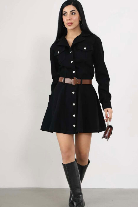 BELT DETAIL DENIM WOMEN DRESS IN BLACK COLOR 