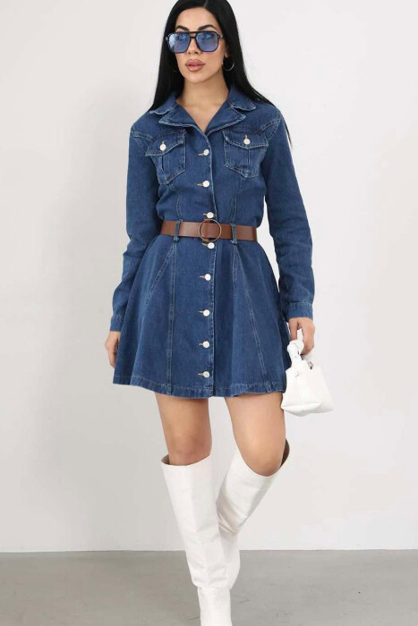 BELT DETAIL DENIM WOMEN DRESS IN BLUE COLOR 