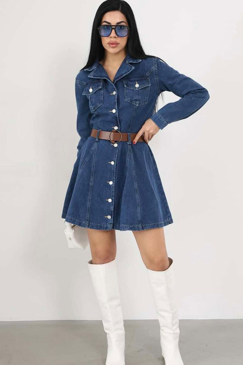 BELT DETAIL DENIM WOMEN DRESS IN BLUE COLOR - 3