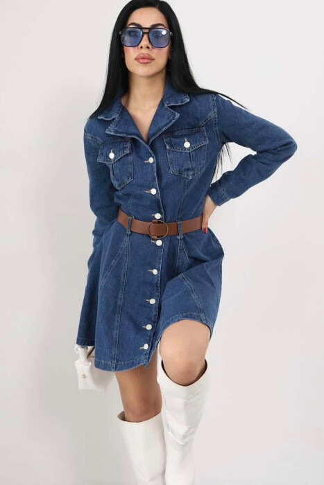 BELT DETAIL DENIM WOMEN DRESS IN BLUE COLOR - 4