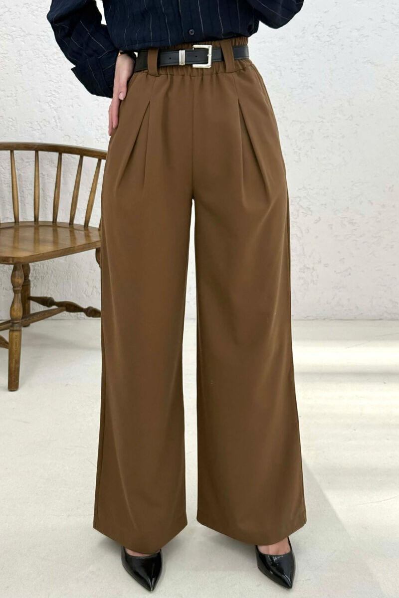 BELT DETAIL ELASTIC WAIST WOMAN TROUSERS BROWN/KAFE - 3