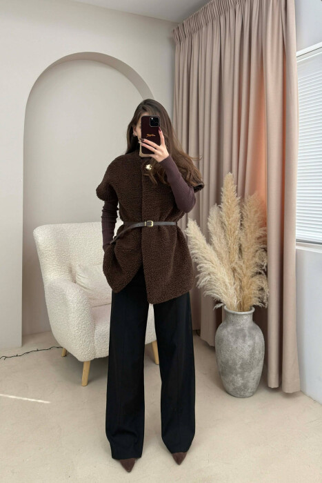 BELT DETAIL FLUFFY WOMEN CAPE COAT DARK BROWN/KAE - 1