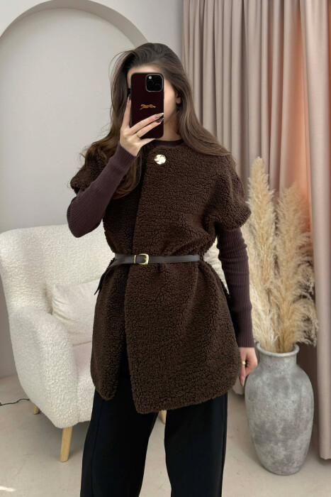 BELT DETAIL FLUFFY WOMEN CAPE COAT DARK BROWN/KAE - 2