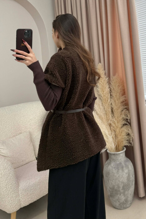 BELT DETAIL FLUFFY WOMEN CAPE COAT DARK BROWN/KAE - 3