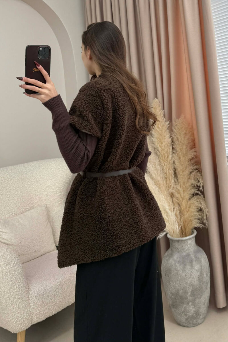 BELT DETAIL FLUFFY WOMEN CAPE COAT DARK BROWN/KAE - 3