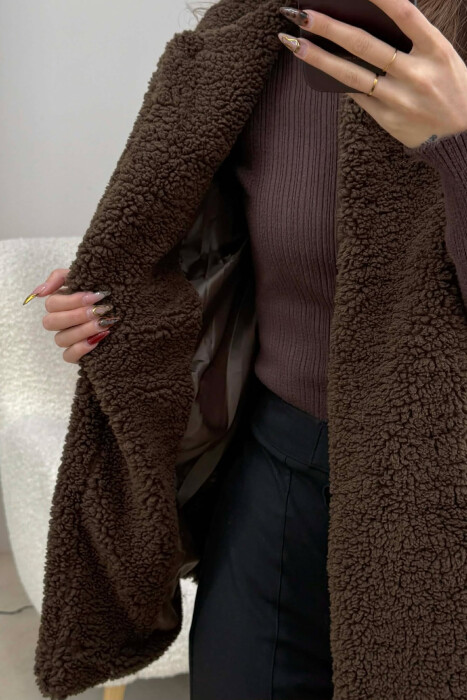 BELT DETAIL FLUFFY WOMEN CAPE COAT DARK BROWN/KAE - 4