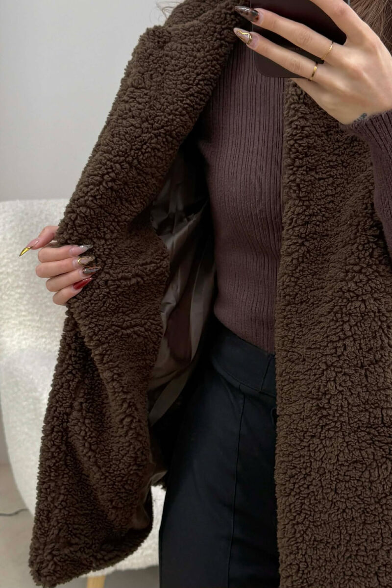 BELT DETAIL FLUFFY WOMEN CAPE COAT DARK BROWN/KAE - 4