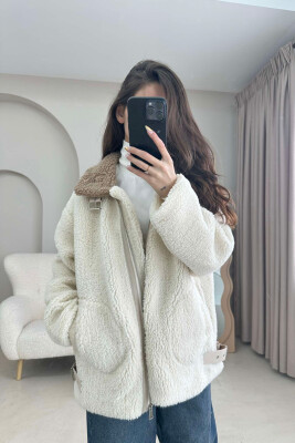 BELT DETAIL FLUFFY WOMEN JACKET CREAM/KREM 