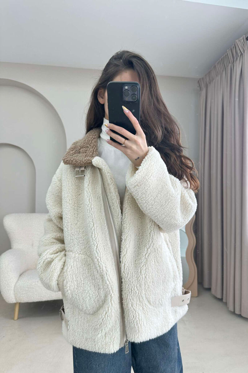 BELT DETAIL FLUFFY WOMEN JACKET CREAM/KREM - 1