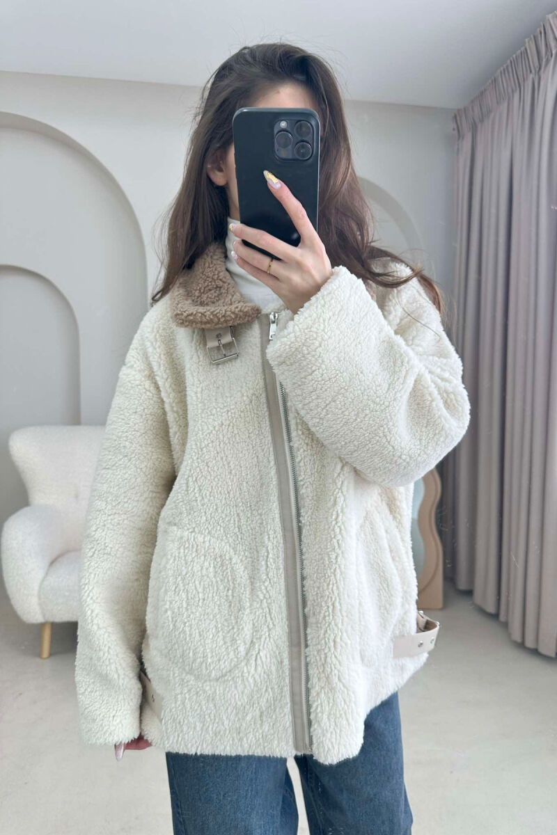 BELT DETAIL FLUFFY WOMEN JACKET CREAM/KREM - 2