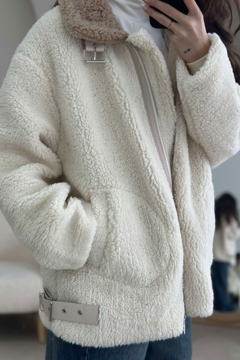 BELT DETAIL FLUFFY WOMEN JACKET CREAM/KREM - 3