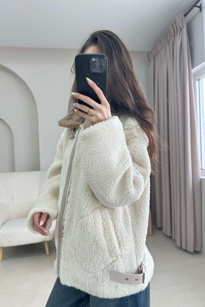 BELT DETAIL FLUFFY WOMEN JACKET CREAM/KREM - 4