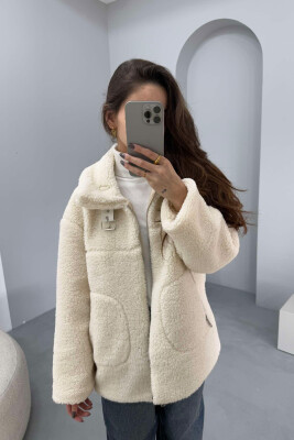 BELT DETAIL FLUFFY WOMEN JACKET CREAM/KREM 