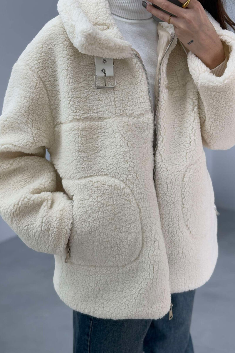 BELT DETAIL FLUFFY WOMEN JACKET CREAM/KREM - 2