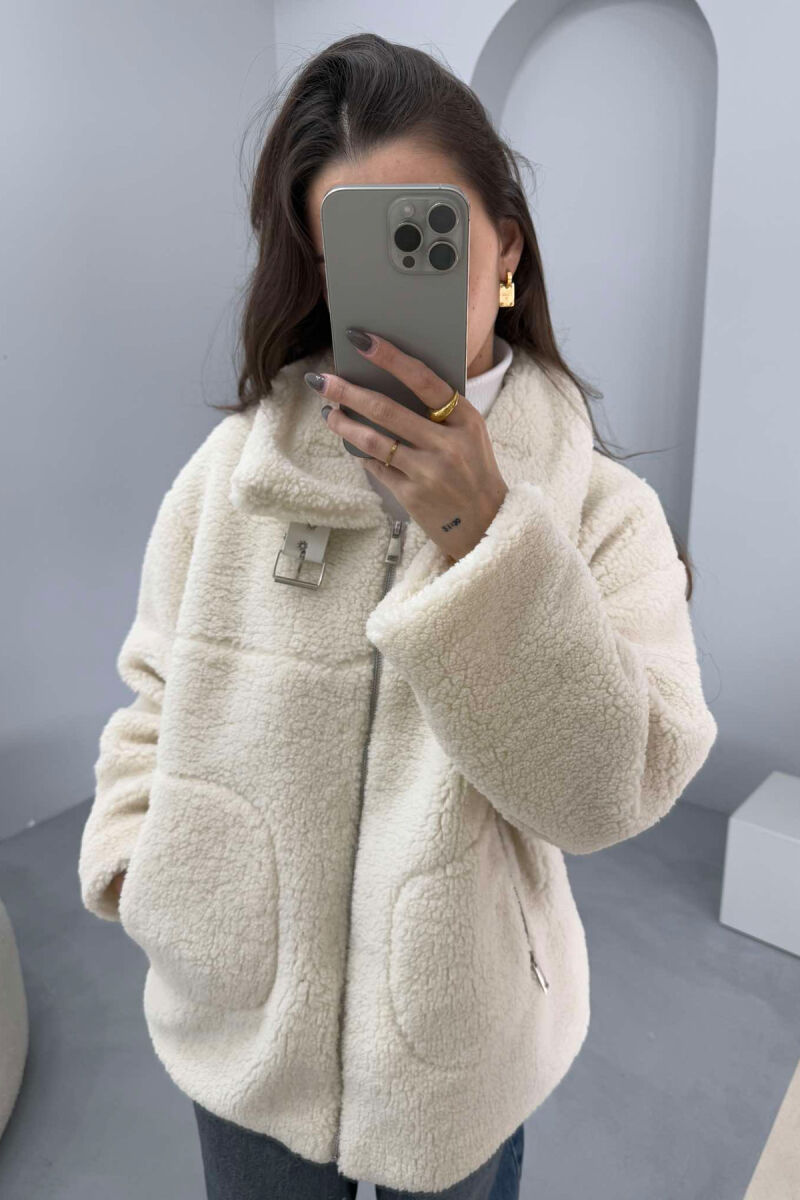 BELT DETAIL FLUFFY WOMEN JACKET CREAM/KREM - 3