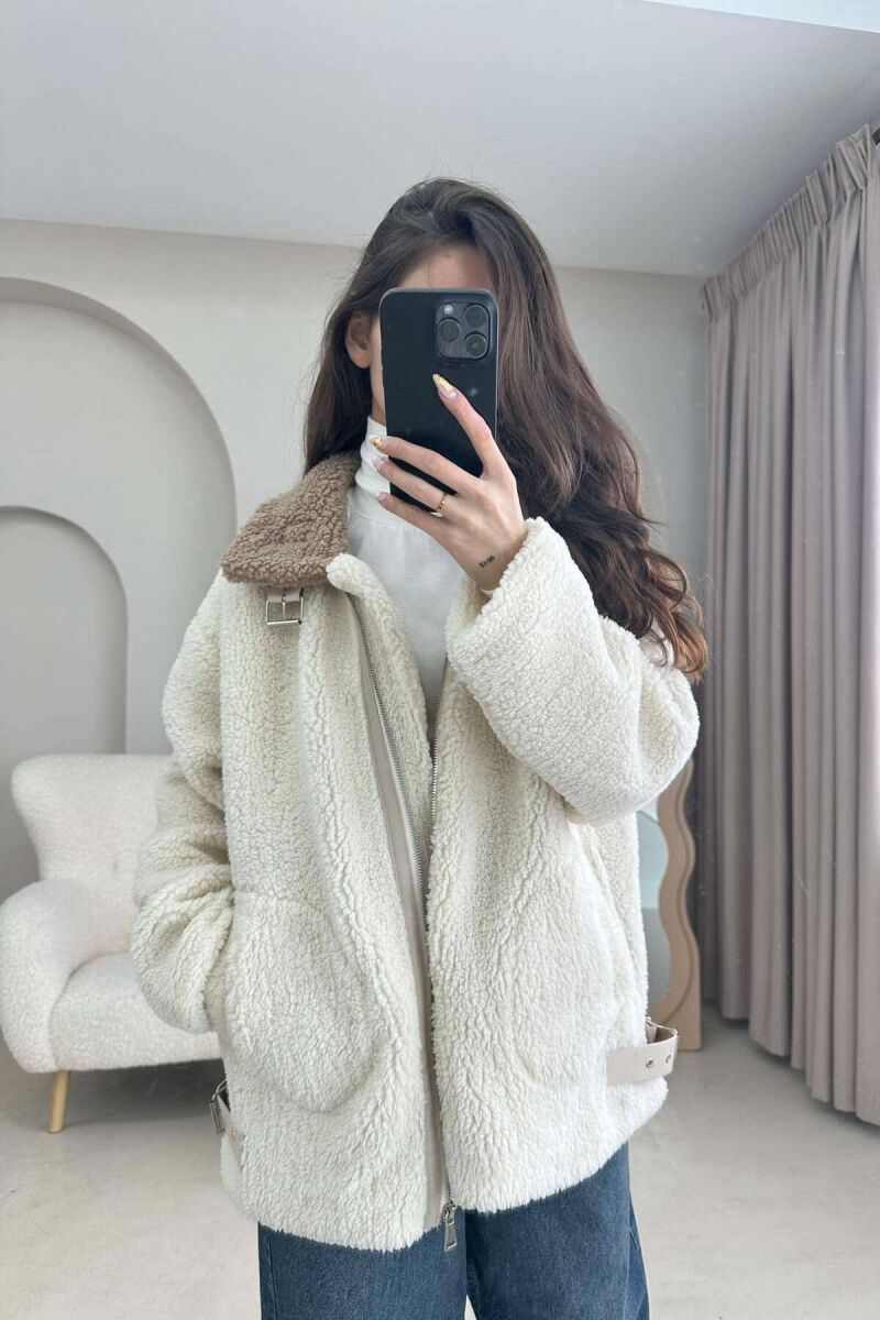 BELT DETAIL FLUFFY WOMEN JACKET IN CREAM COLOR - 1