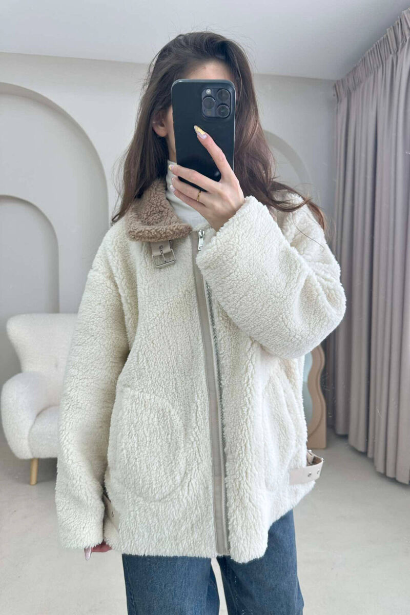 BELT DETAIL FLUFFY WOMEN JACKET IN CREAM COLOR - 2