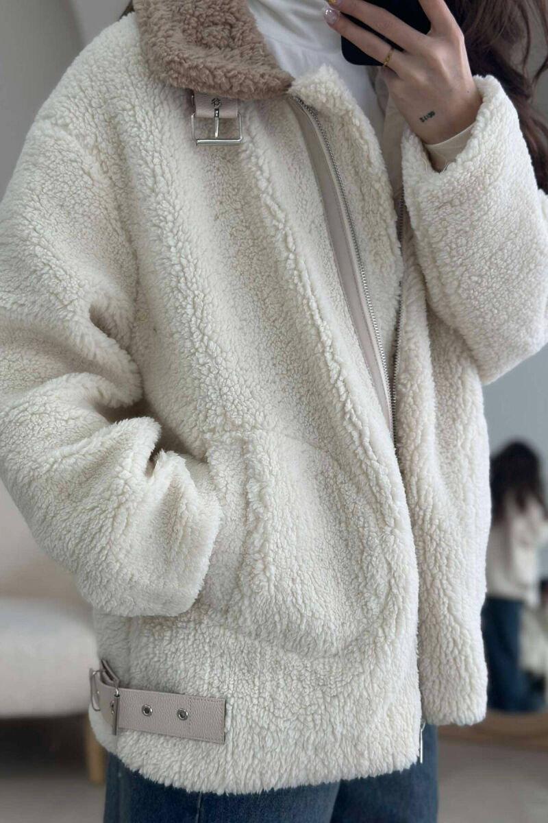 BELT DETAIL FLUFFY WOMEN JACKET IN CREAM COLOR - 3