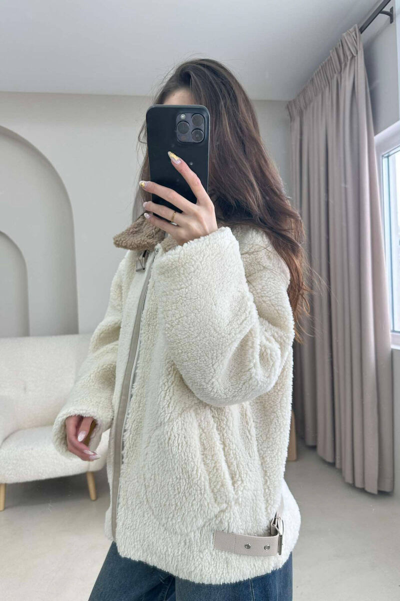 BELT DETAIL FLUFFY WOMEN JACKET IN CREAM COLOR - 4