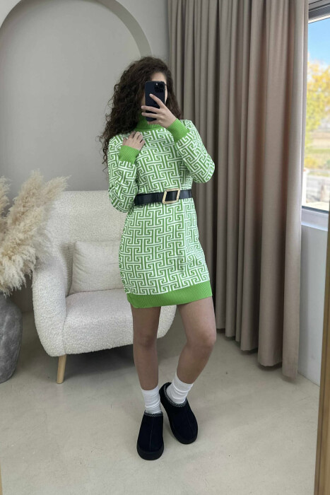 BELT DETAIL HIGH NECK WOMEN DRESS LIGHT GREEN/JEZB - 